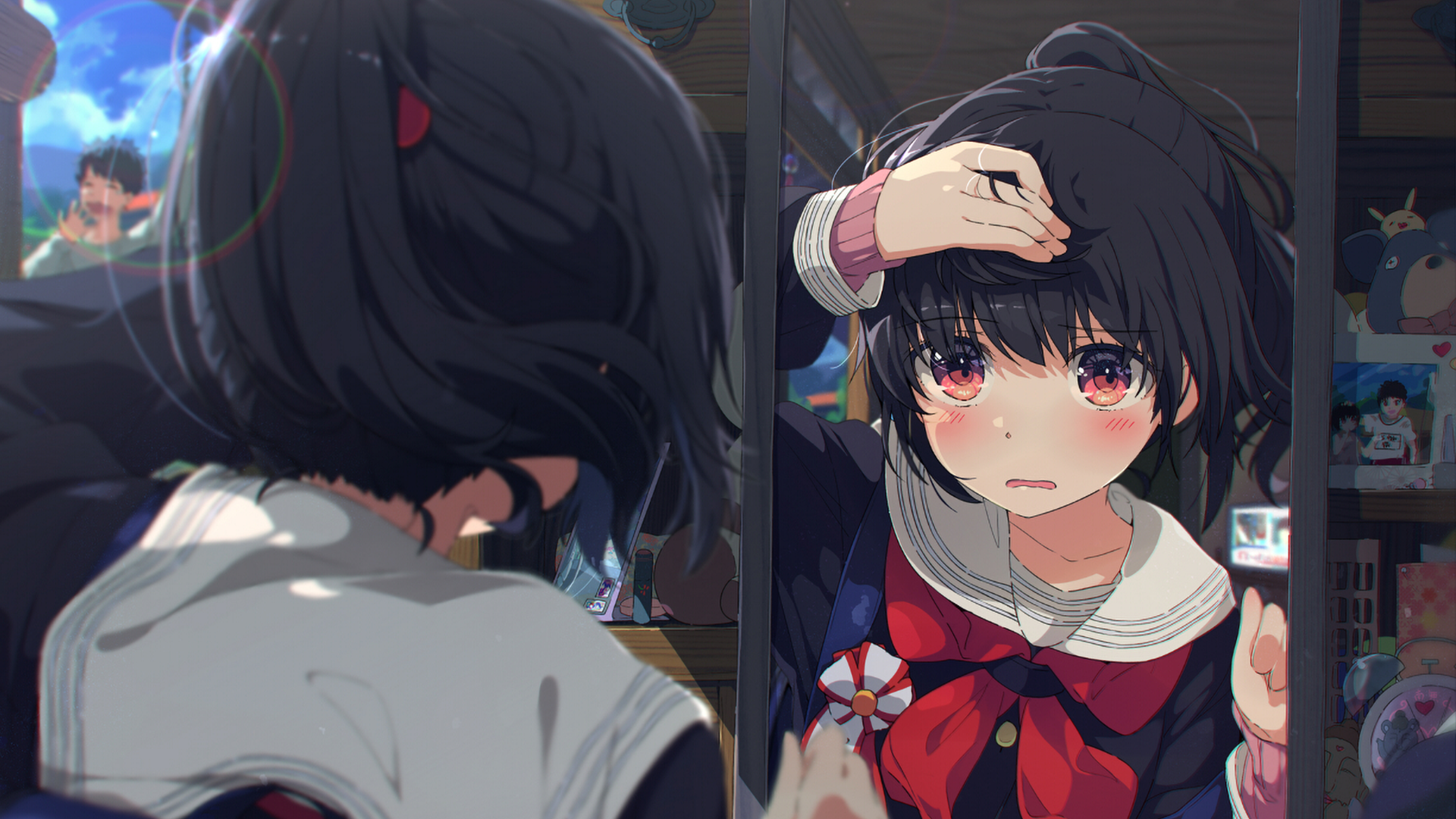 Anime girl with black hair and red eyes in a school uniform looks at her reflection in a mirror, set in a detailed HD desktop wallpaper background.