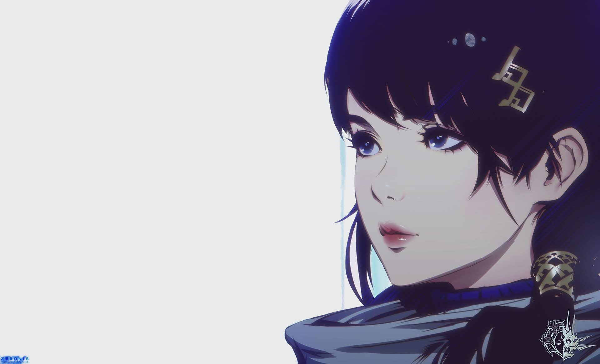 HD anime-style original artwork featuring a close-up of a young woman with dark hair and a contemplative expression, designed as a PC desktop wallpaper.