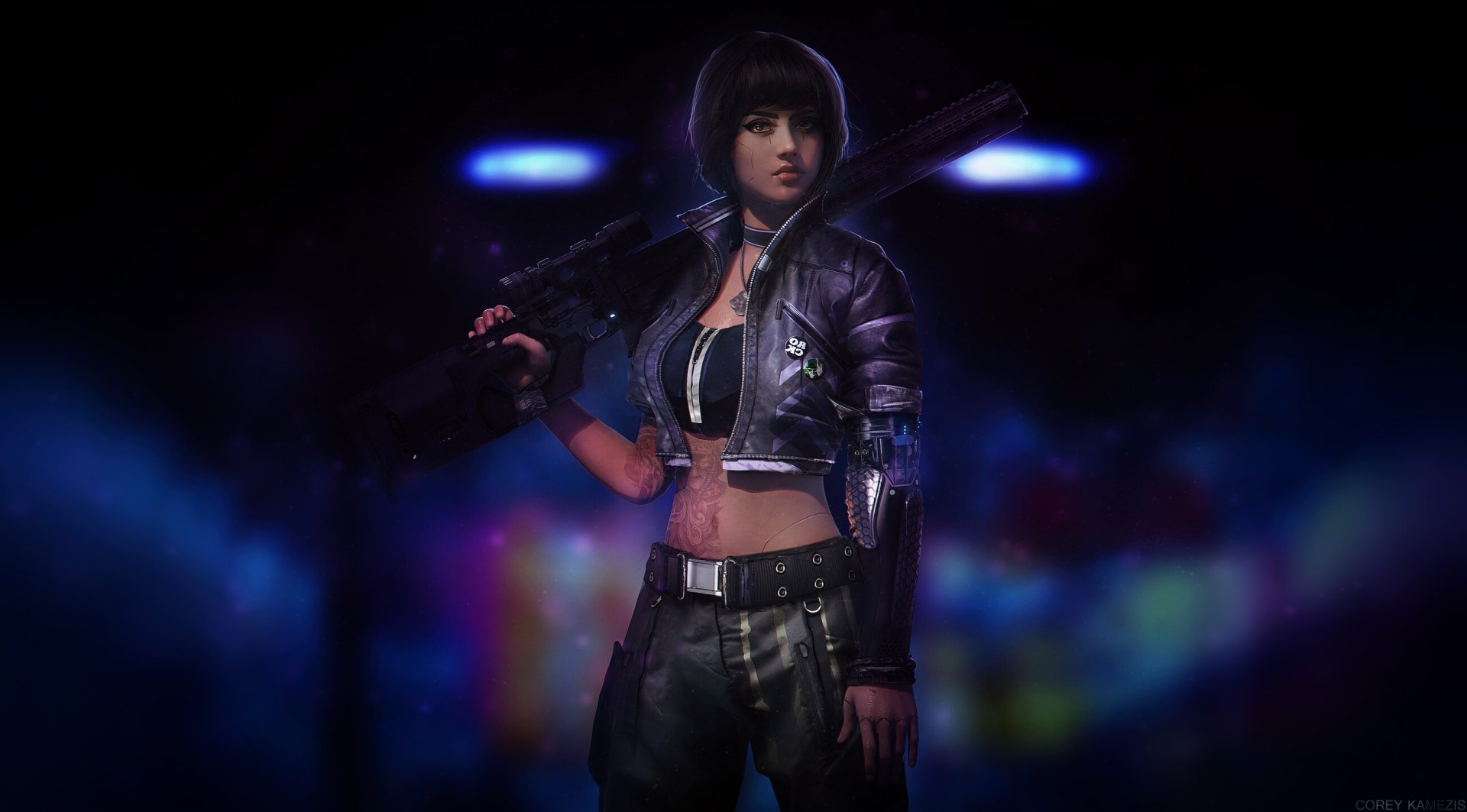 Download Black Hair Tattoo Short Hair Cyberpunk Weapon Gun Sci Fi Cyborg HD Wallpaper by Corey Kamezis