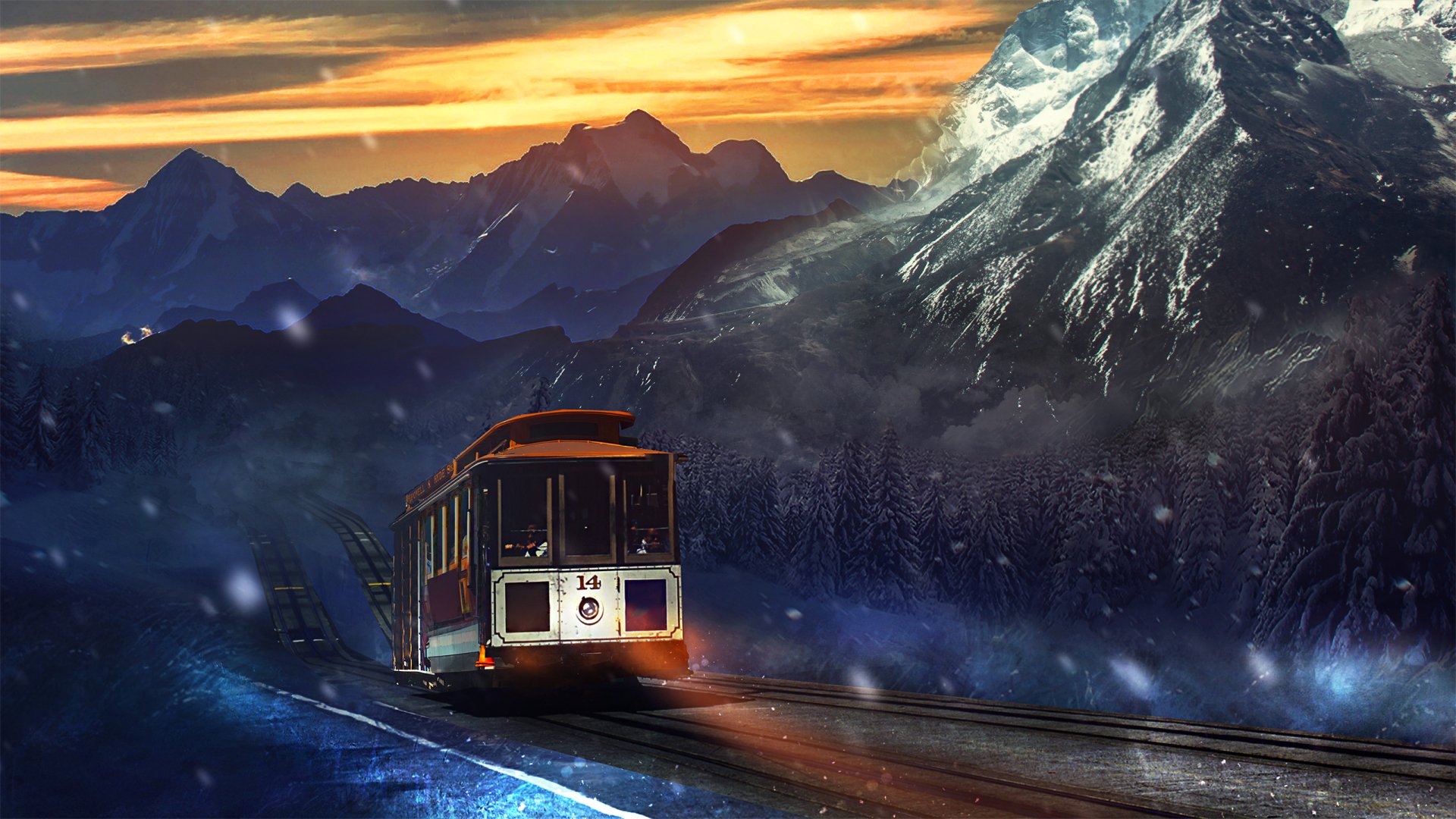 HD desktop wallpaper featuring a tram traveling along tracks with snow-covered mountains and a dramatic sunset sky in the background.
