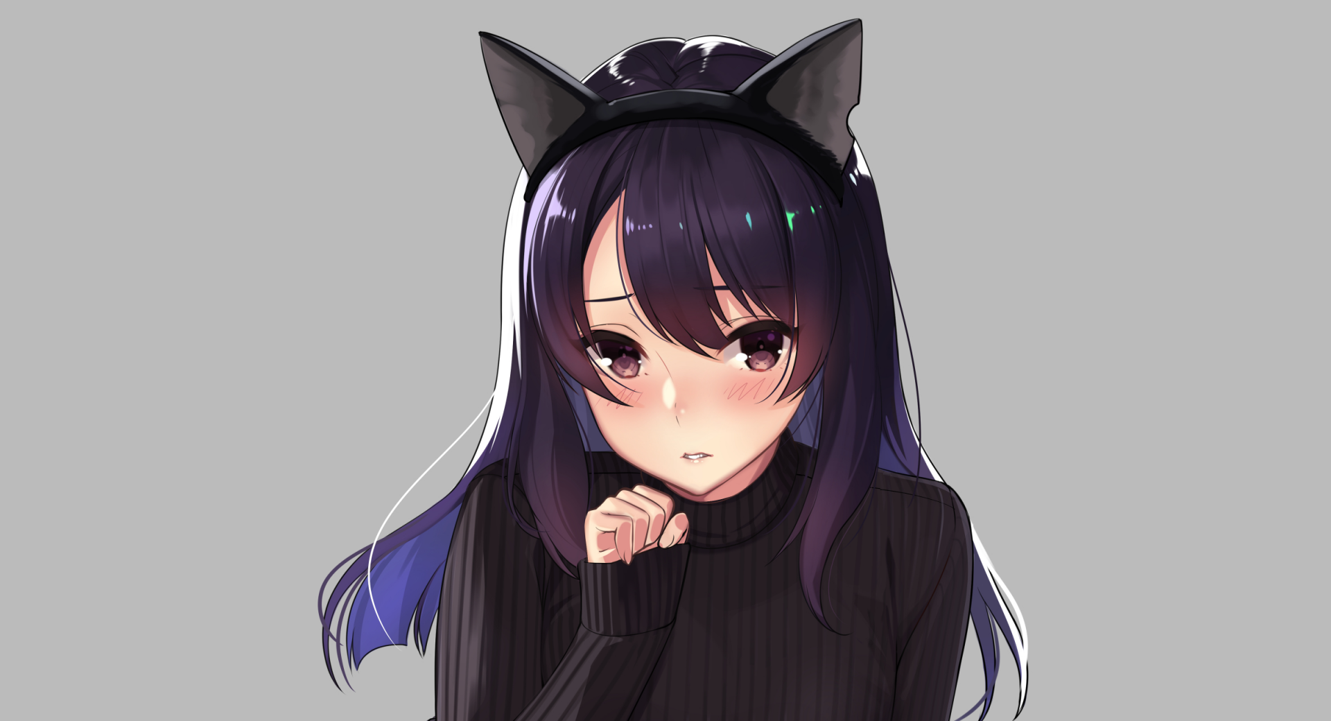 HD anime-style original artwork of a girl with long dark hair and cat ears, set against a simple gray background for a PC desktop wallpaper.