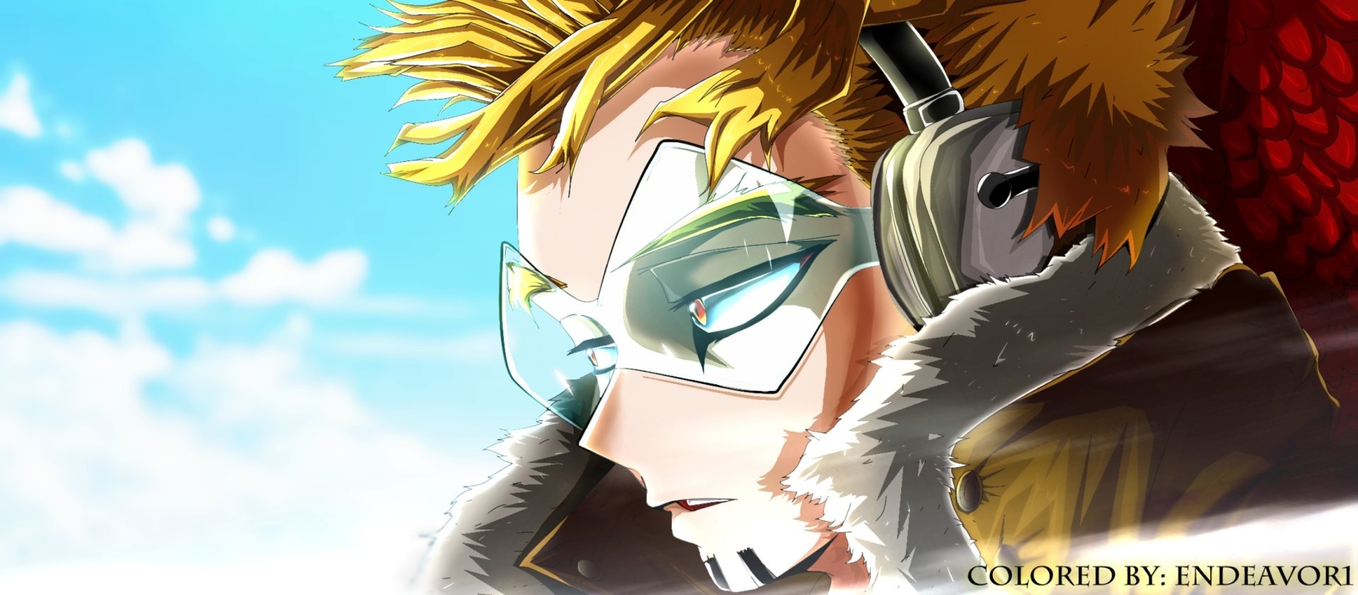 HD PC desktop wallpaper featuring Hawks from the anime My Hero Academia, showcasing his sharp gaze and signature winged headset against a clear blue sky.