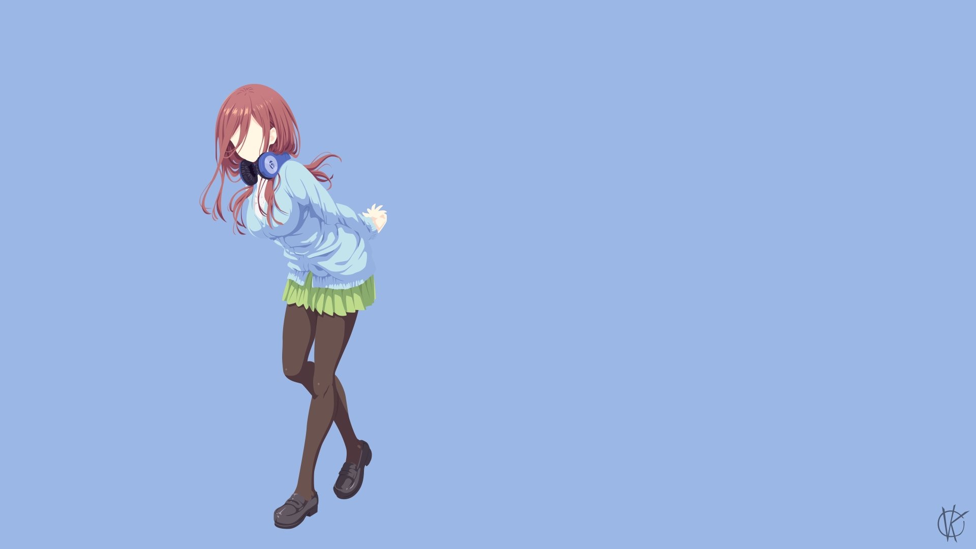 Miku Nakano from The Quintessential Quintuplets in a 4K Ultra HD anime desktop wallpaper, featuring her in casual attire with headphones against a plain blue background.