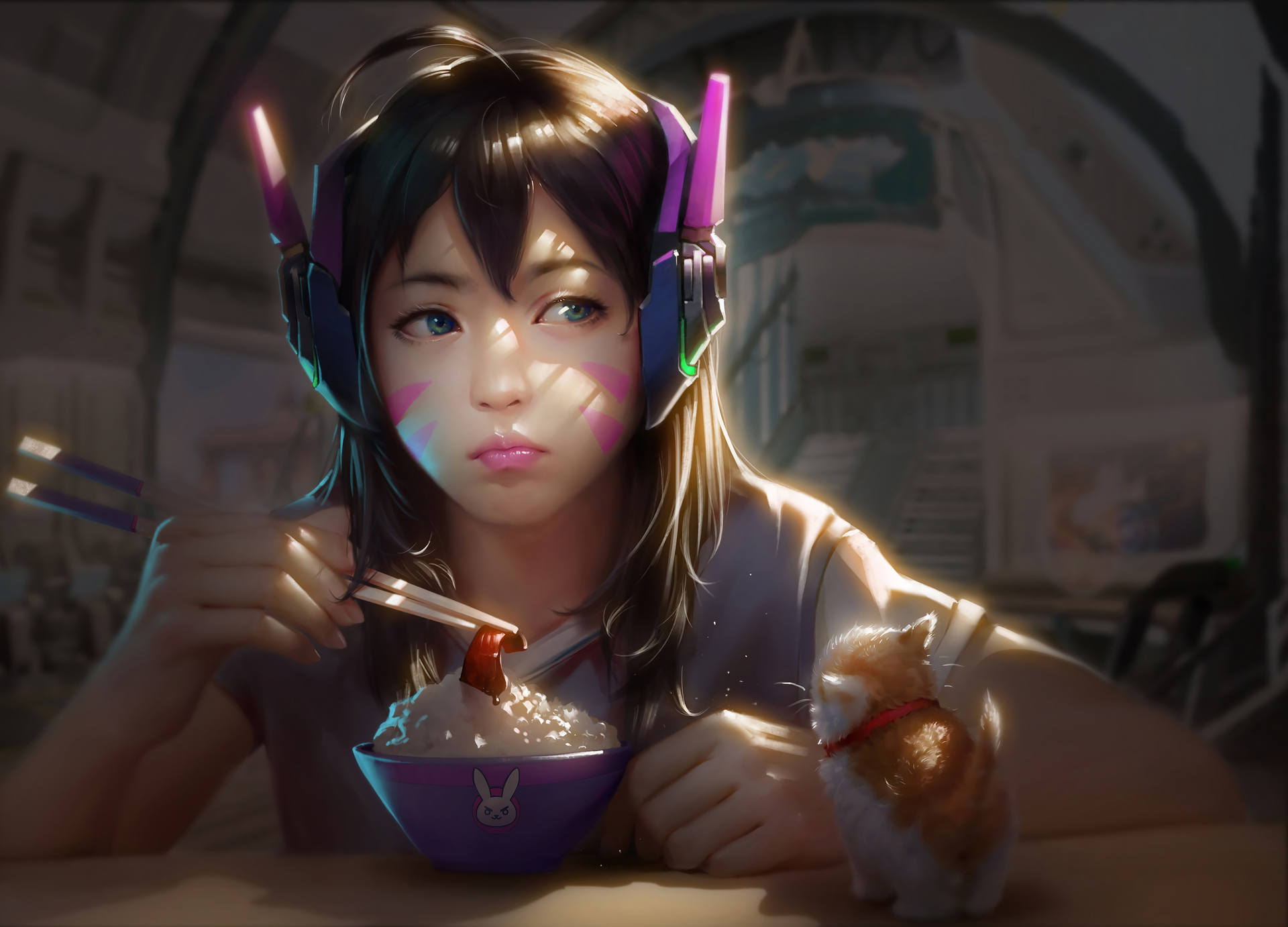 HD PC desktop wallpaper featuring D.Va from Overwatch enjoying a meal with a small cat nearby, showcasing detailed character art from the video game.