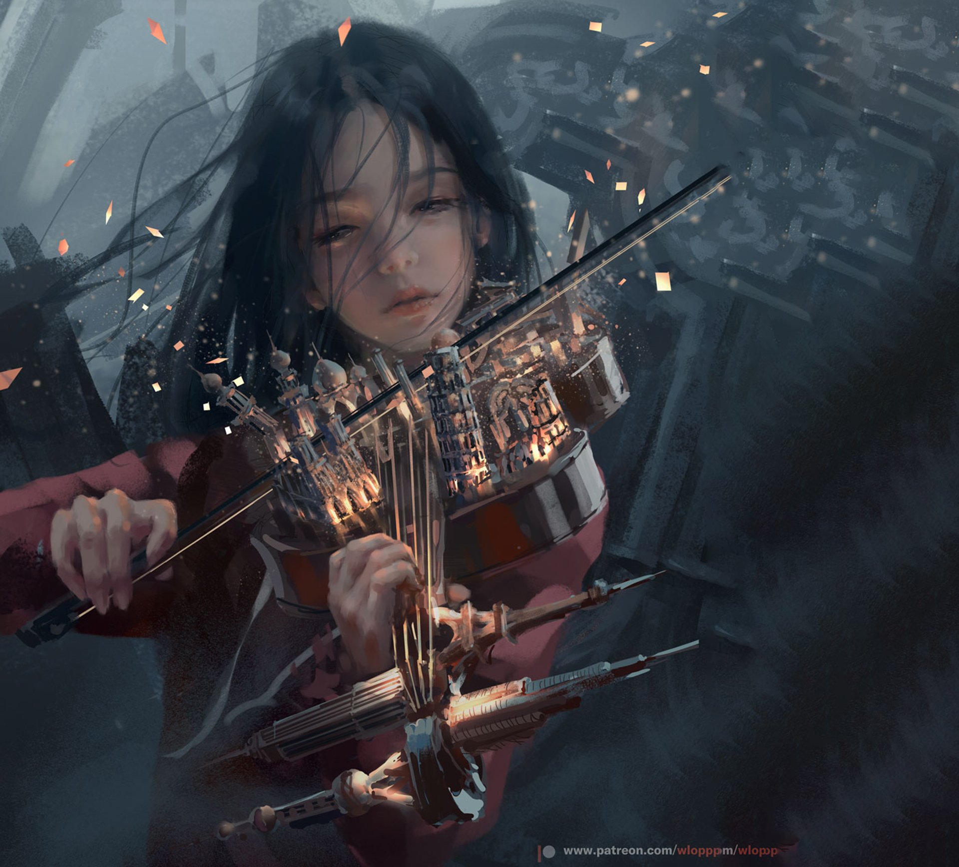 Fantasy HD wallpaper of a woman playing the violin, with imaginative, surreal elements enhancing the mystical ambiance.