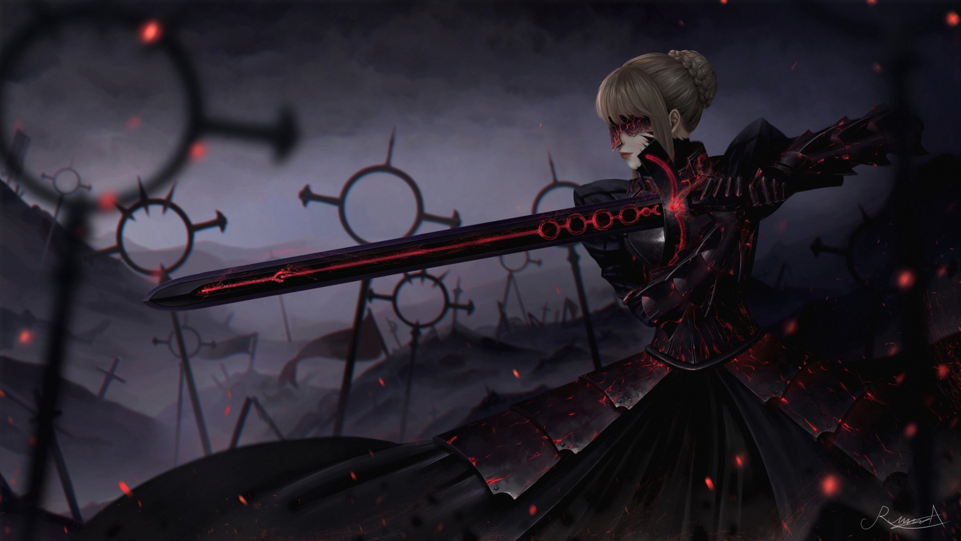 HD PC desktop wallpaper featuring Saber Alter from Fate/Grand Order in dark armor wielding a glowing black and red sword with a moody, shadowy background.