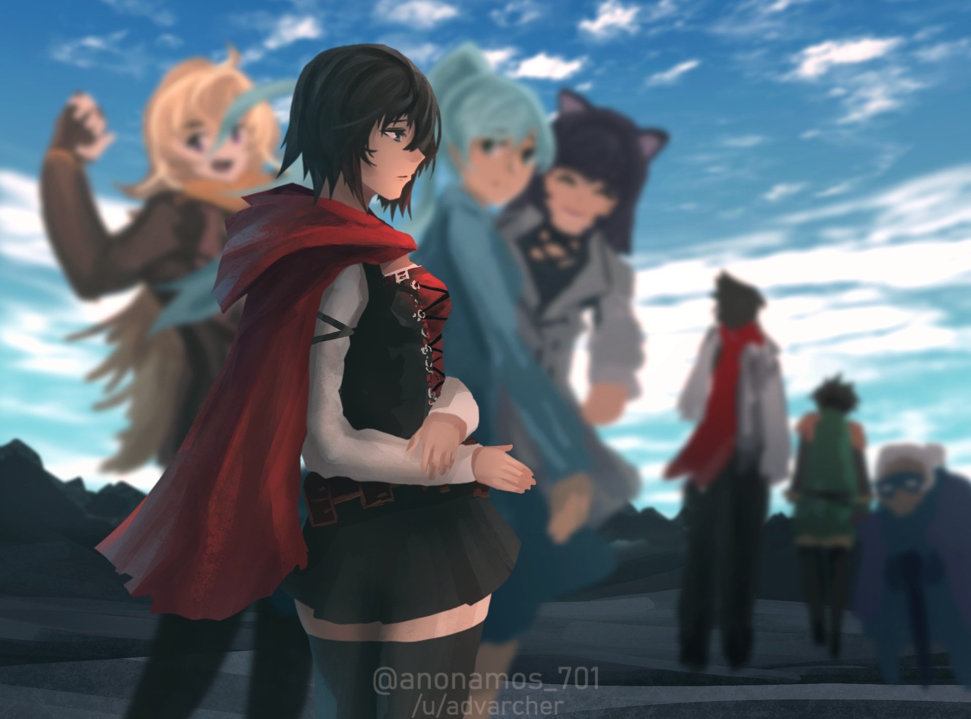 HD PC desktop wallpaper featuring anime characters Ruby Rose, Weiss Schnee, Yang Xiao Long, and Blake Belladonna from RWBY wearing skirts and thigh highs.