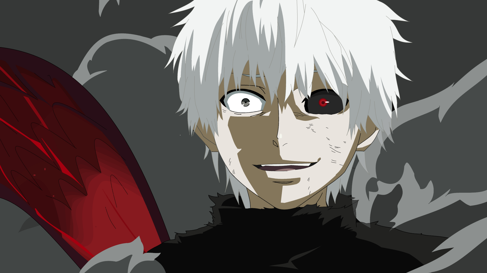Ken Kaneki from Tokyo Ghoul:re with white hair and a red ghoul eye, set against a dark background in a 4K Ultra HD anime wallpaper.