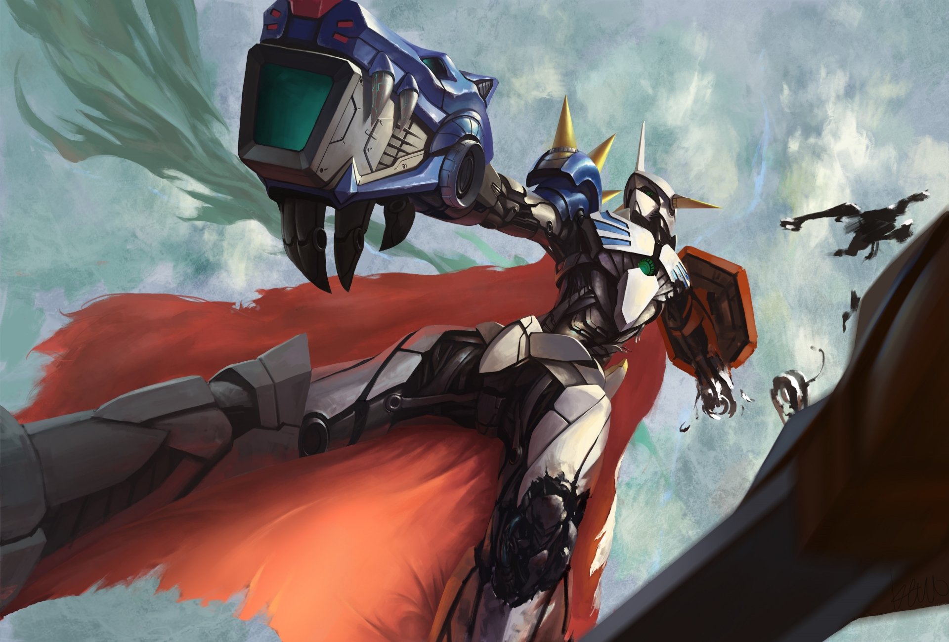 HD PC desktop wallpaper featuring an anime-style Digimon robot in dynamic action pose with a flowing red cape against a cloudy sky backdrop.