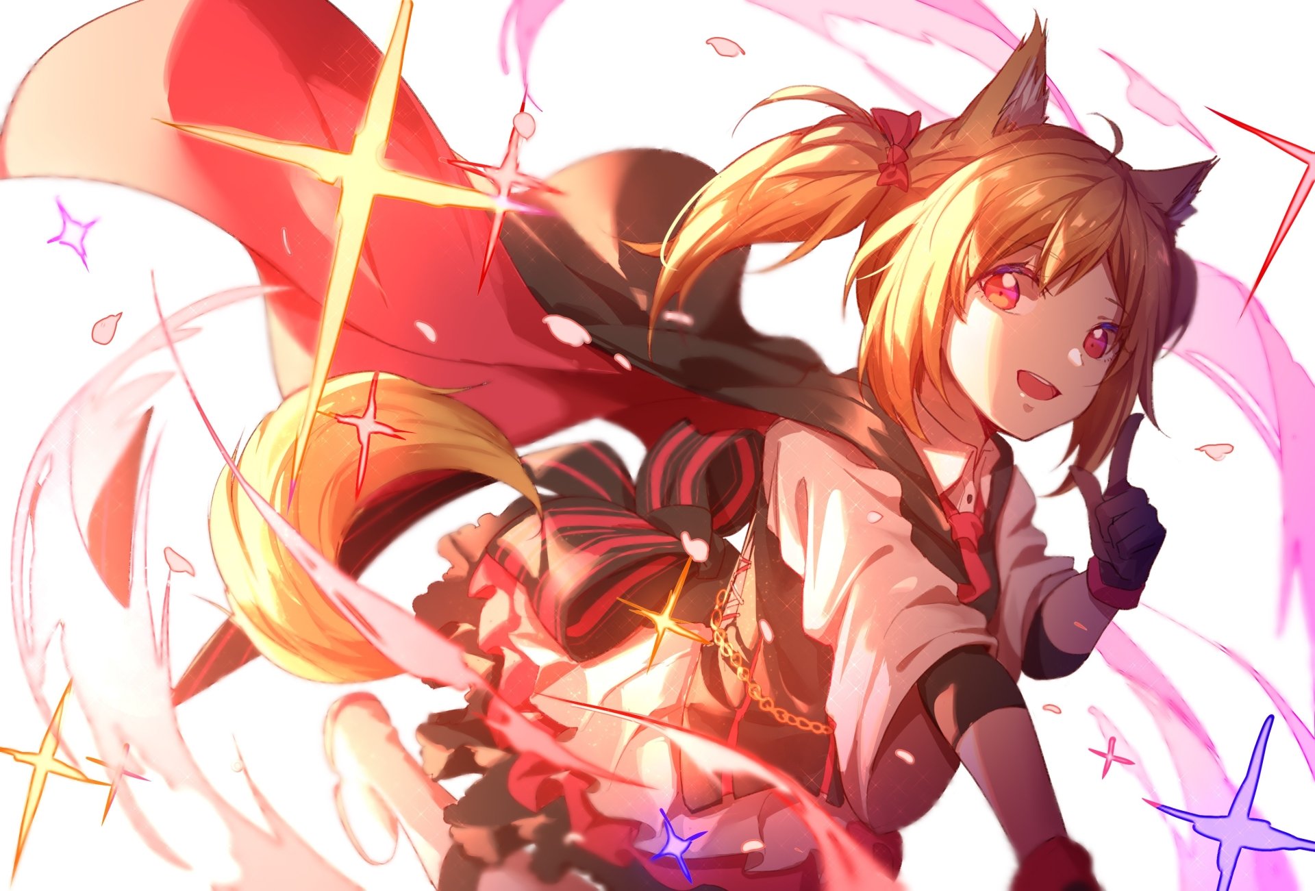 Vibrant Arknights artwork of a fox-eared, red-eyed operator in a dynamic pose with glowing pink ribbons and sparkles — 2K Quad HD PC desktop wallpaper and background.