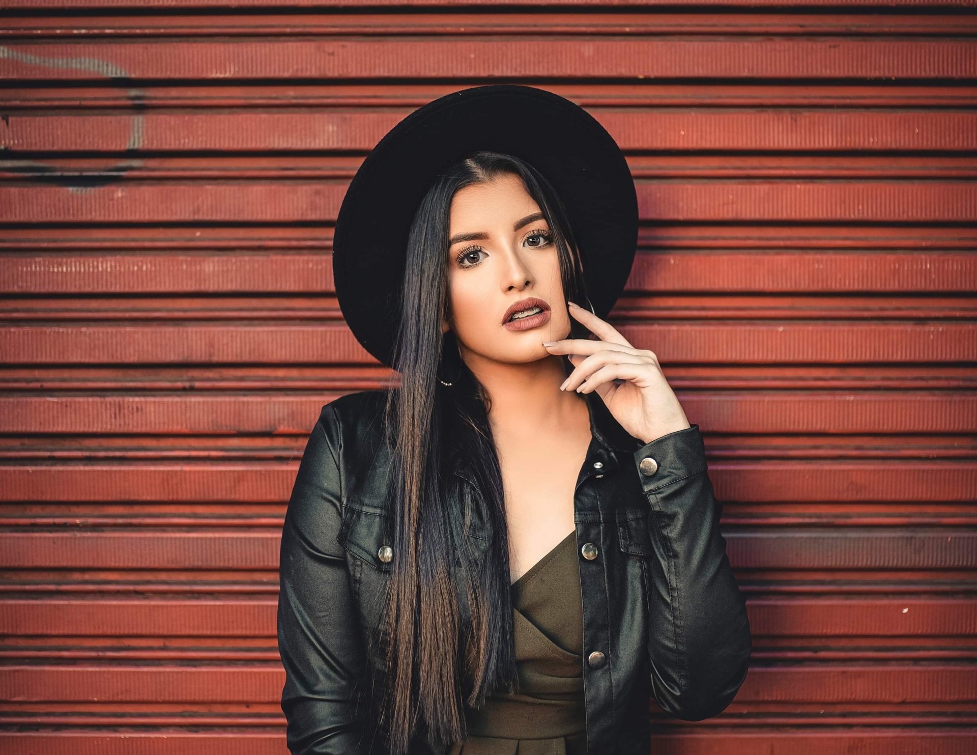 Download Leather Jacket Hat Black Hair Long Hair Woman Model HD Wallpaper by Renato Abati