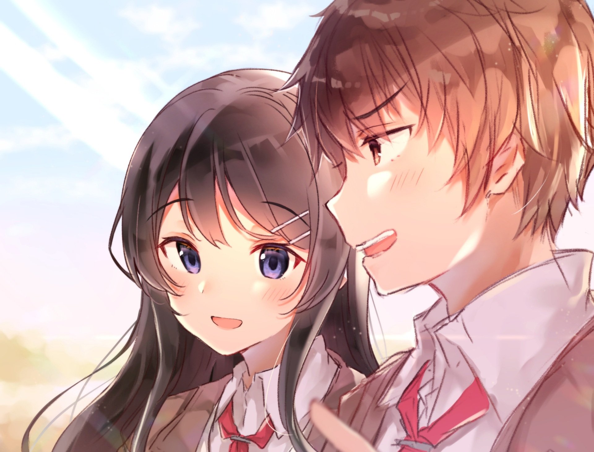 HD anime wallpaper featuring Mai Sakurajima and Sakuta Azusagawa from Rascal Does Not Dream of Bunny Girl Senpai, illustrated with warm lighting and soft colors.