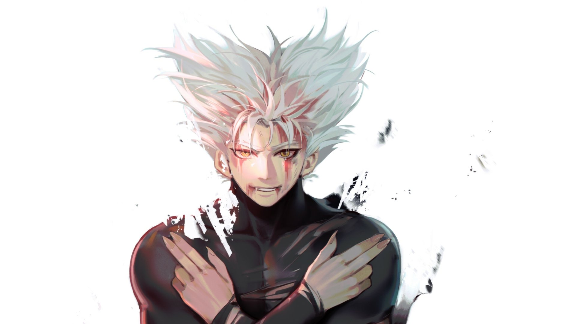 HD PC desktop wallpaper featuring Garou from the anime One-Punch Man, depicted with wild white hair and a fierce expression against a white background.