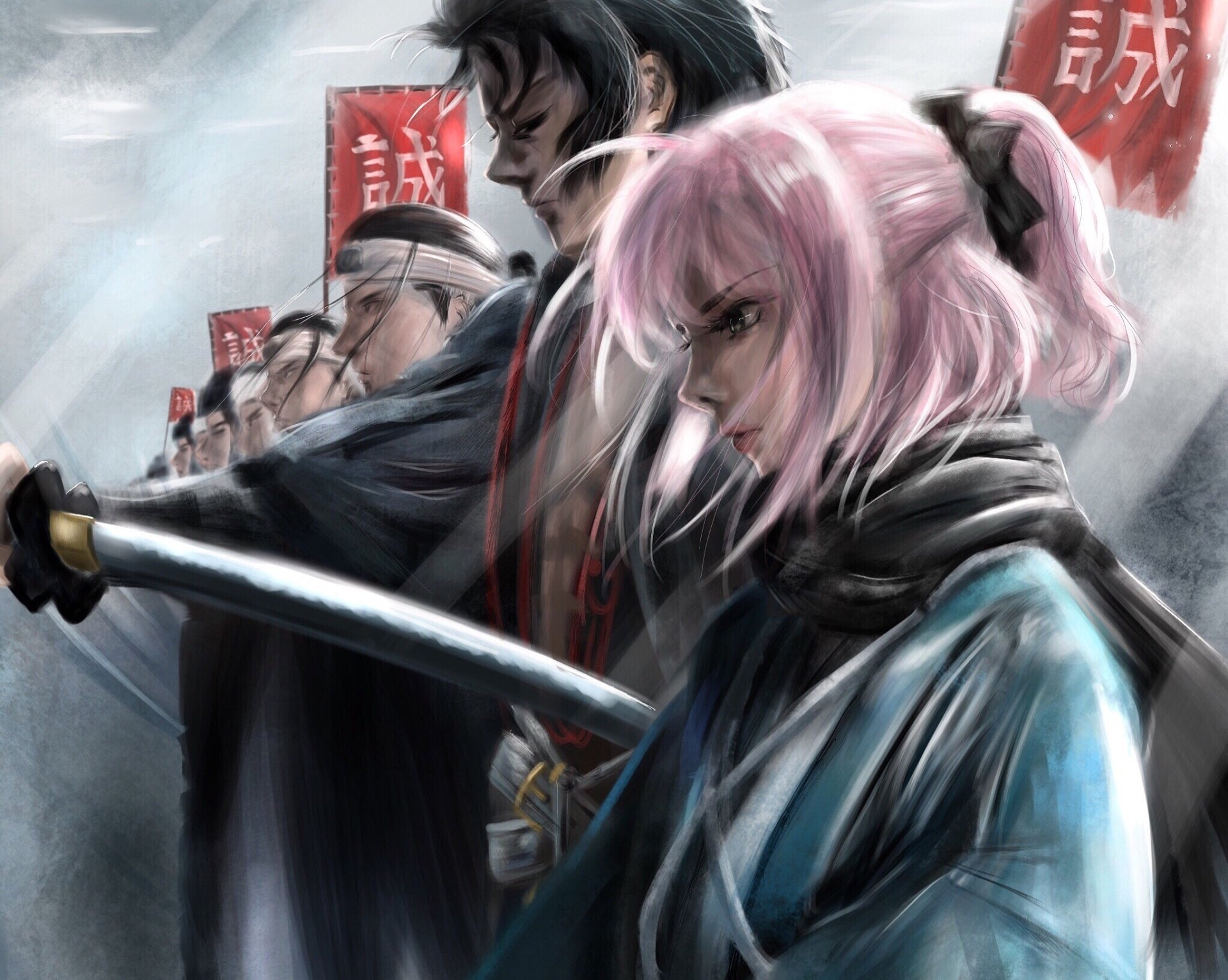 HD PC wallpaper of Fate/Grand Order: anime Okita Souji with pink hair and drawn katana in foreground, Hijikata Toshizō and samurai arrayed behind under red banners.