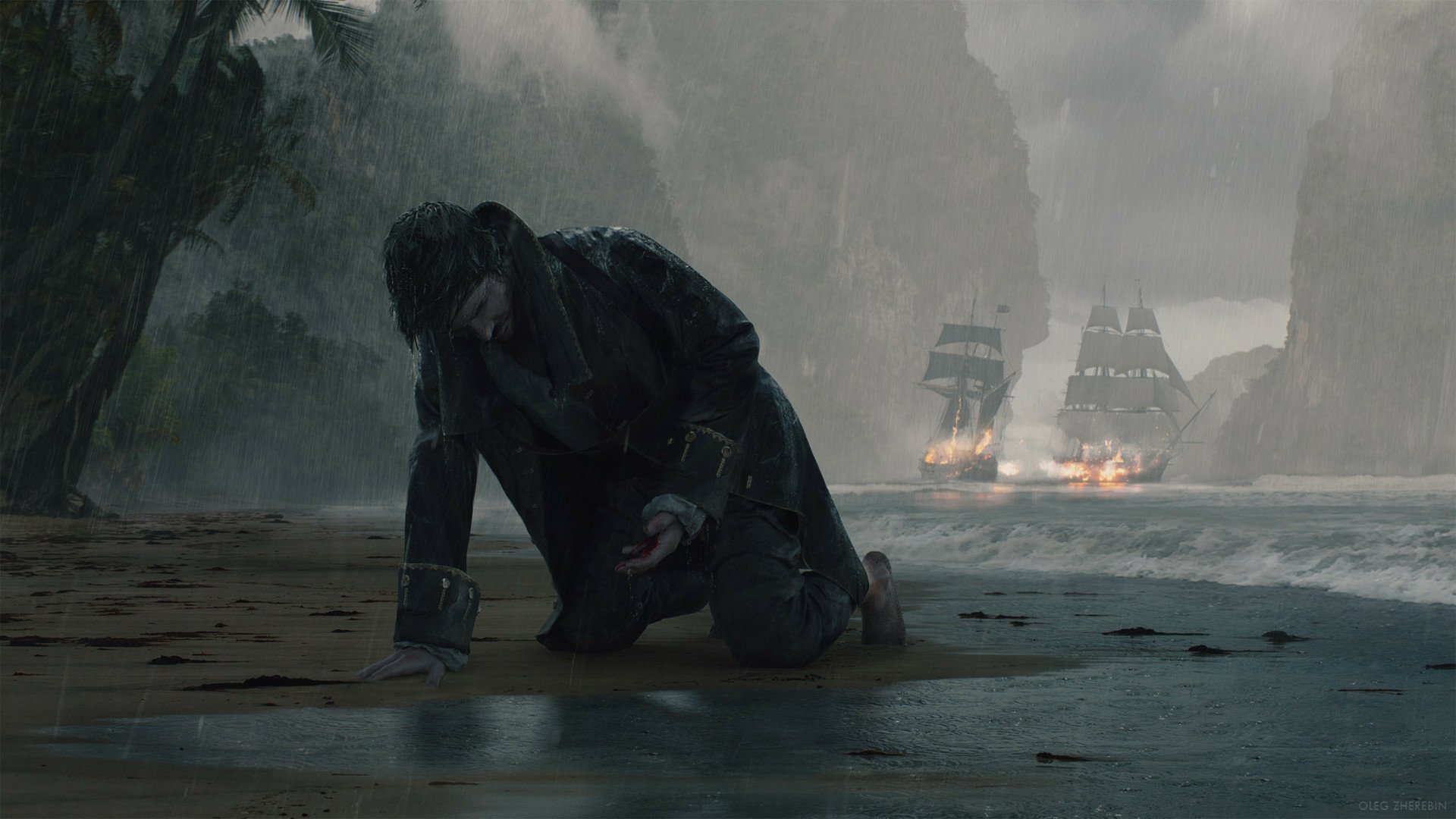 A fantasy HD PC desktop wallpaper featuring a man kneeling on a foggy shore with burning ships approaching in the background.