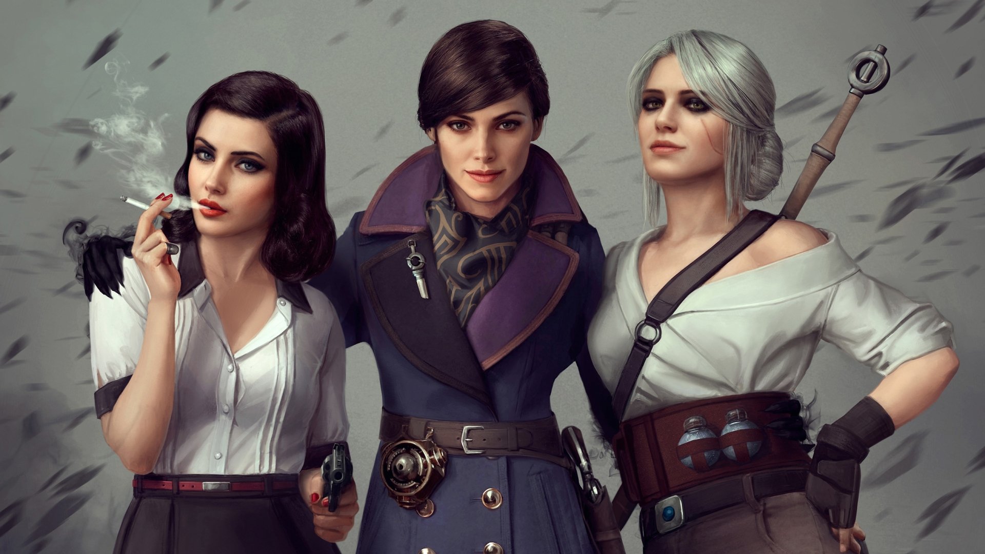 HD PC wallpaper featuring Elizabeth from Bioshock Infinite, Emily Kaldwin from Dishonored, and Ciri from The Witcher 3 in a dynamic video game crossover scene.