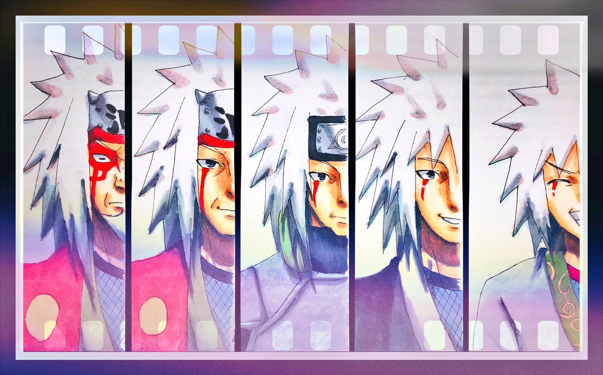 HD PC desktop wallpaper featuring a stylized anime sequence of Jiraiya from Naruto, showcasing his iconic headband and white hair in dynamic panels.