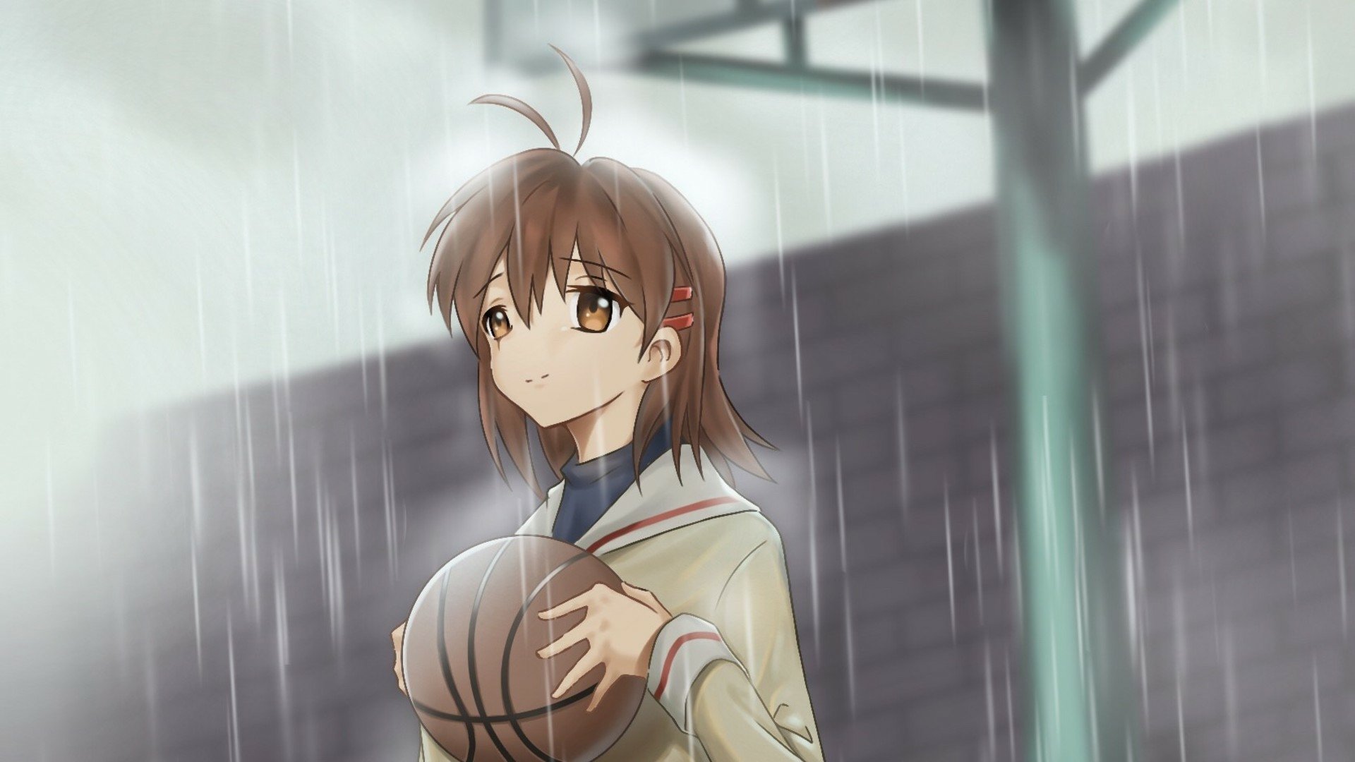 Nagisa Furukawa from Clannad holding a basketball in the rain — anime HD PC desktop wallpaper/background.
