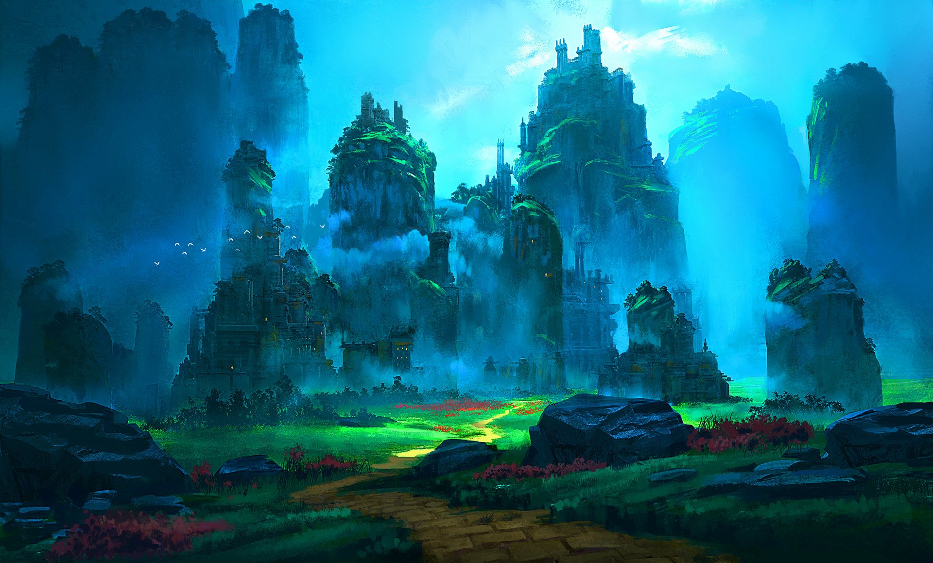 Artistic HD desktop wallpaper depicting mystical ruins set within a vibrant, misty landscape of towering rock formations and lush greenery.