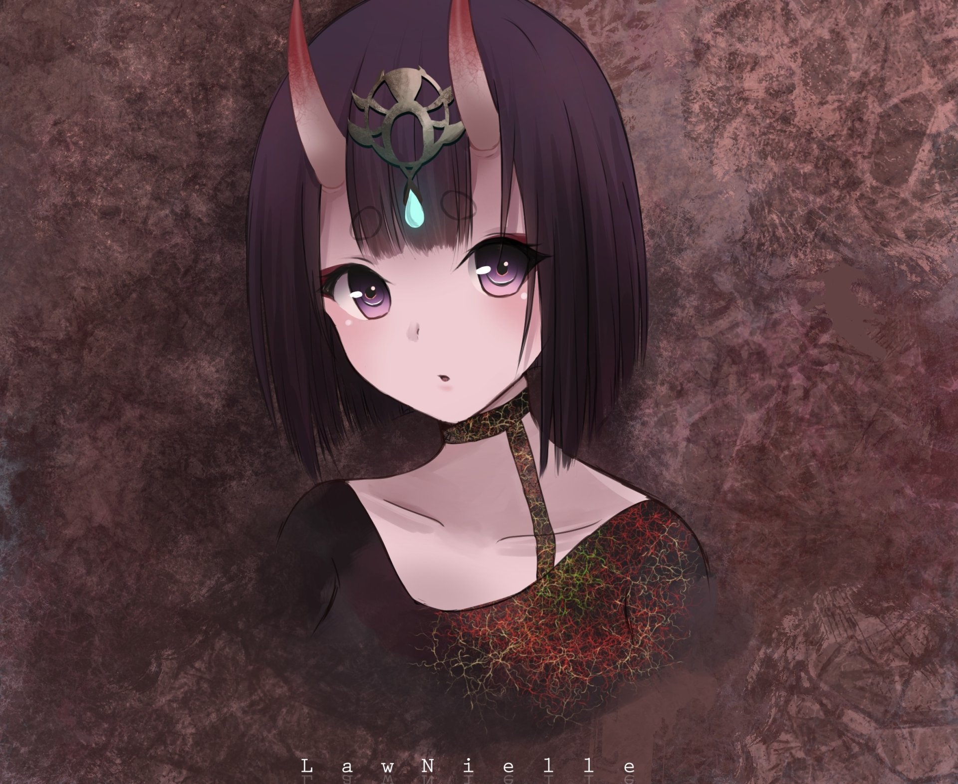 HD PC wallpaper of Assassin (Fate/Grand Order): anime character with purple eyes, dark bob, jeweled headpiece and black-red outfit against a textured, moody background.