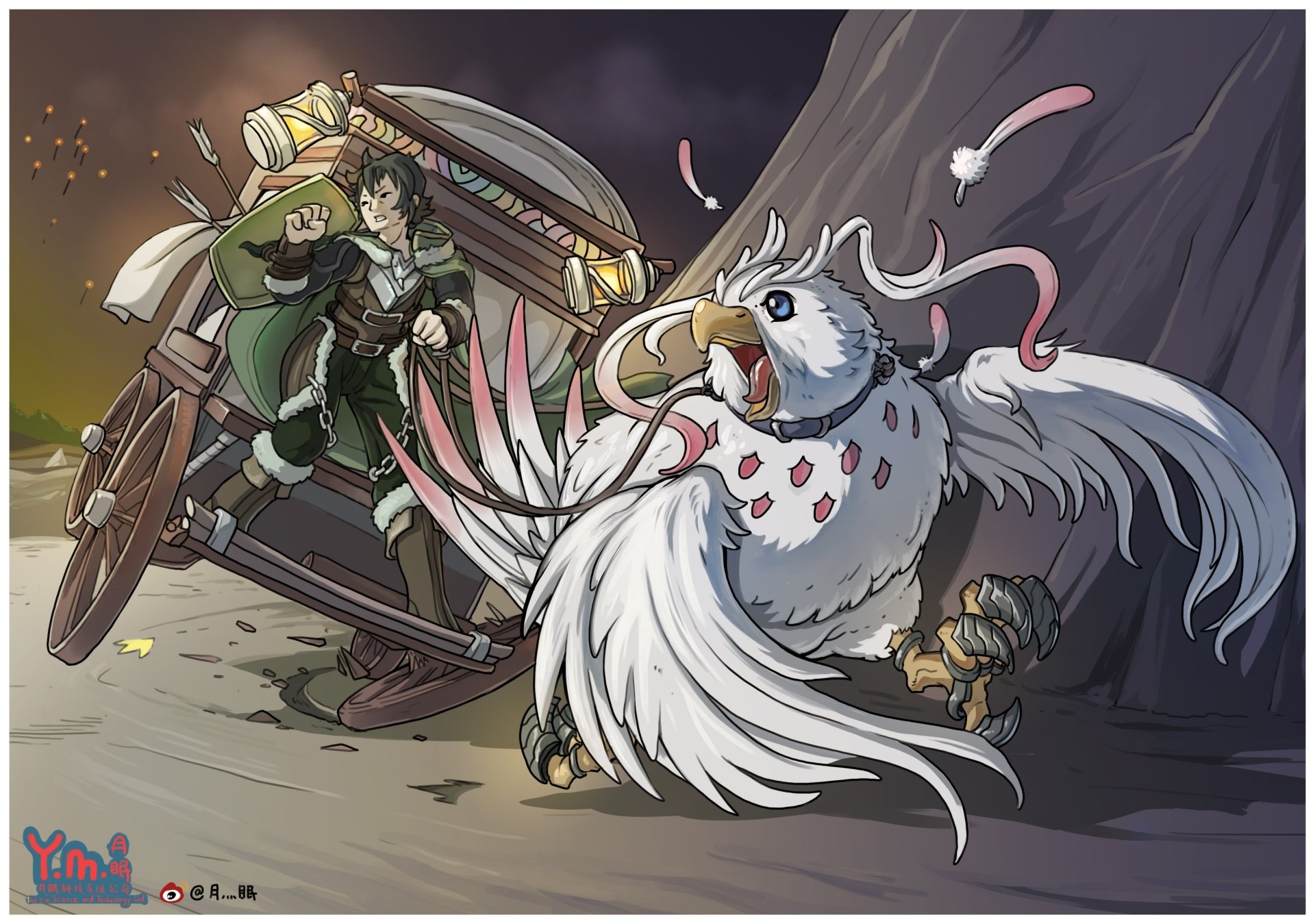 2K Quad HD PC wallpaper of Naofumi Iwatani in a cart as Filo, in bird form, dashes ahead — scene from The Rising of the Shield Hero