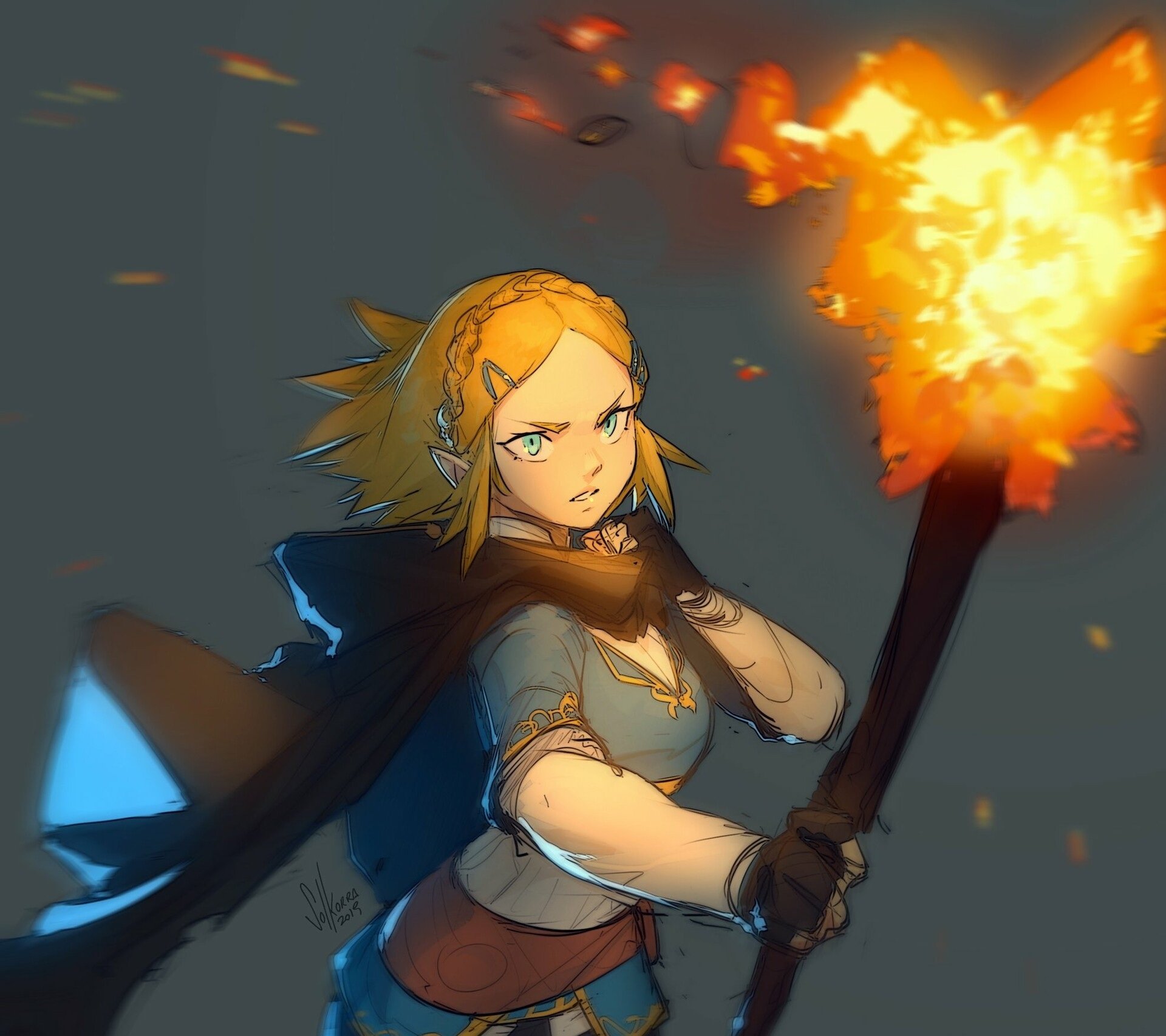 HD PC desktop wallpaper featuring Princess Zelda from the video game The Legend of Zelda: Tears of the Kingdom, holding a torch with a determined expression.