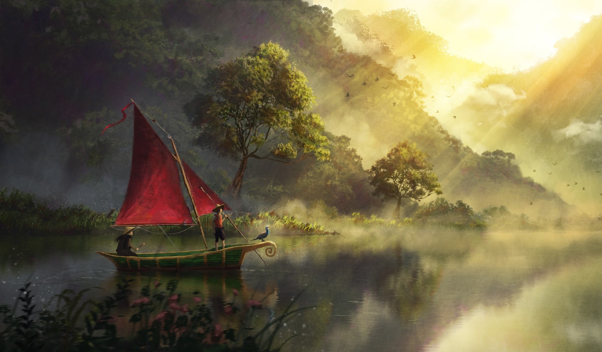 A child sails a small fantasy ship with a red sail along a misty river surrounded by lush trees, captured in stunning 4K Ultra HD for a PC desktop wallpaper.