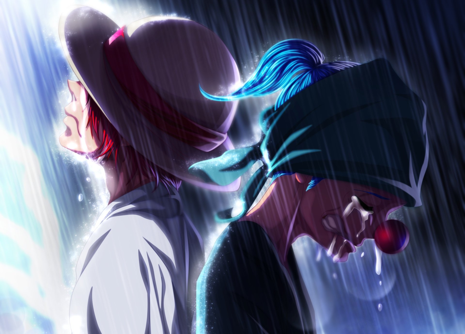 HD anime wallpaper featuring Buggy and Shanks from One Piece standing back-to-back under heavy rain, with dramatic lighting highlighting their profiles.
