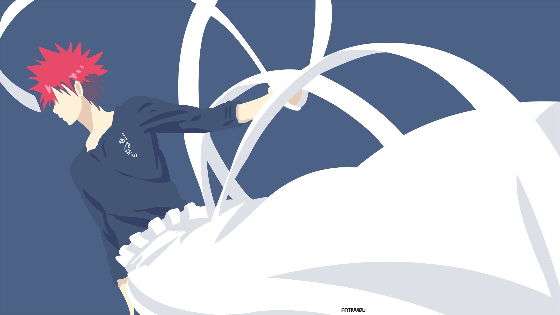 Sōma Yukihira (Food Wars: Shokugeki no Soma) anime 4K Ultra HD PC desktop wallpaper, red-haired chef in navy jacket amid sweeping white culinary swirls on a blue background.