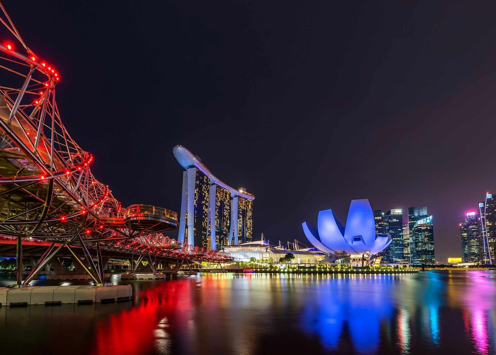 Download Helix Bridge Skyscraper Singapore Building Light Bridge Night Man Made Marina Bay Sands HD Wallpaper