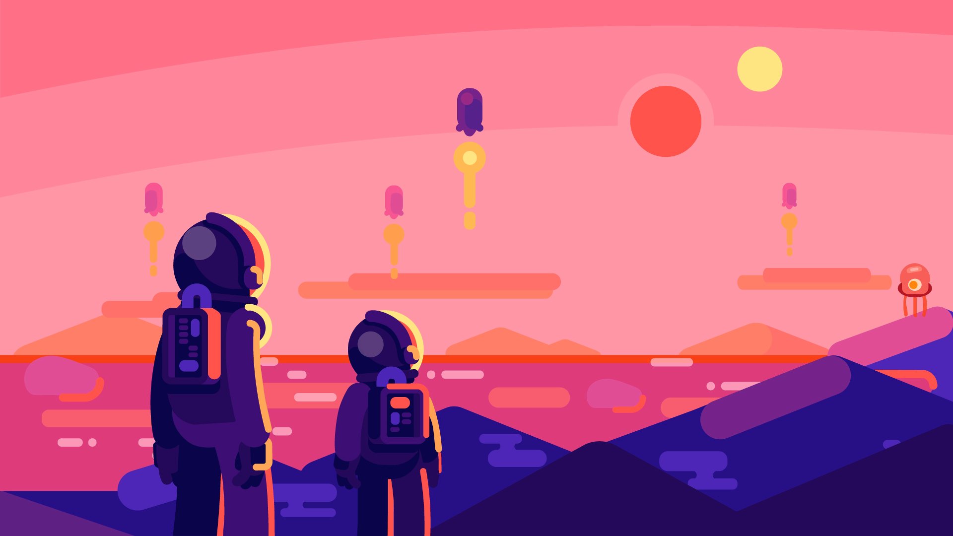 Minimalist Sci-Fi scene featuring two astronauts standing on a futuristic landscape under twin suns, rendered in vibrant colors as a 4K Ultra HD PC desktop wallpaper.