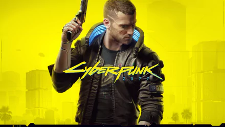 HD wallpaper of Cyberpunk 2077 featuring a male character with a gun on a vibrant yellow background.