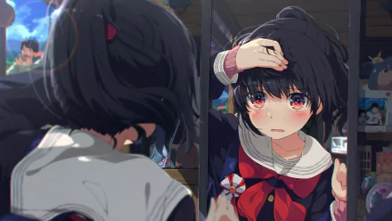 Anime girl with black hair and red eyes in a school uniform looks at her reflection in a mirror, set in a detailed HD desktop wallpaper background.