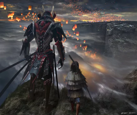 A fantasy warrior and samurai stand overlooking a misty valley filled with glowing lanterns, with the warrior holding a katana in a dramatic HD desktop wallpaper.