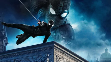 HD desktop wallpaper featuring Spider-Man (Peter Parker) in action from the movie Spider-Man: Far From Home, with a dark-suited Spider-Man swinging from a web against a dramatic, cloudy background.