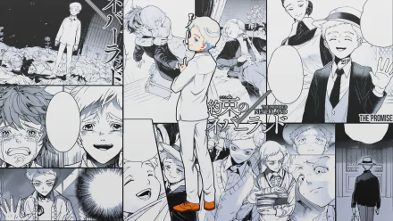 HD PC desktop wallpaper featuring Norman from the anime The Promised Neverland, showcasing various manga panels in grayscale with Norman in color at the center.