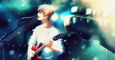 HD anime desktop wallpaper featuring Mafuyu Sato from Given passionately playing guitar and singing into a microphone on stage with a vibrant, glowing background.