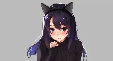HD anime-style original artwork of a girl with long dark hair and cat ears, set against a simple gray background for a PC desktop wallpaper.