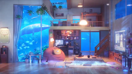 HD anime-style wallpaper depicting a cozy living room with lofi aesthetics, featuring a large window with an underwater view, a bean bag, computer desk, TV, and a loft bed.