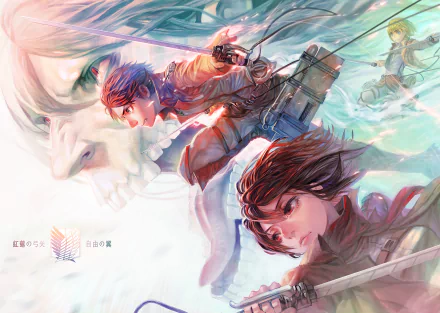 Armin Arlert, Eren Yeager, and Mikasa Ackerman in dynamic action poses from Attack on Titan. This HD desktop wallpaper captures the intense energy of the anime series.