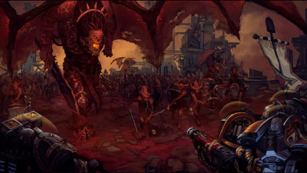 HD Warhammer 40k desktop wallpaper depicting a fierce battle between Space Marines and Khorne demons, capturing the intense war and dark fantasy of the video game universe.