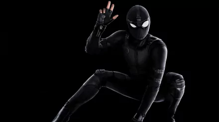 HD PC desktop wallpaper featuring Spider-Man in his black stealth suit from the movie Spider-Man: Far From Home against a black background.