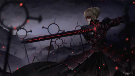 HD PC desktop wallpaper featuring Saber Alter from Fate/Grand Order in dark armor wielding a glowing black and red sword with a moody, shadowy background.