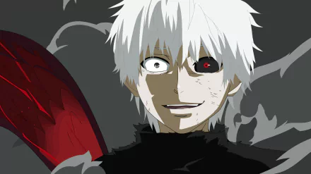 Ken Kaneki from Tokyo Ghoul:re with white hair and a red ghoul eye, set against a dark background in a 4K Ultra HD anime wallpaper.