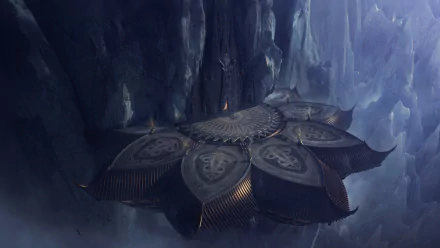 Fantasy-themed HD PC desktop wallpaper featuring a mysterious, ornate structure resembling a giant flower set within towering, misty cavern walls.