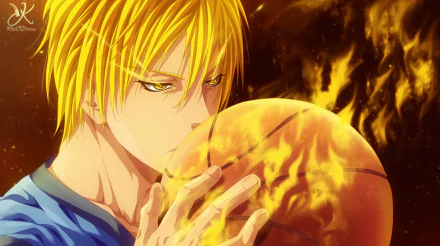 HD anime desktop wallpaper featuring Ryōta Kise from Kuroko's Basketball holding a glowing basketball with intense expression and fiery background.