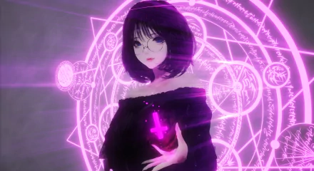 Anime witch with striking blue eyes and dark hair, casting a glowing pink magical spell with a cross symbol, set against a vibrant neon magic circle background.