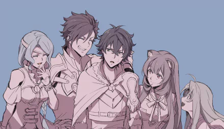 HD PC desktop wallpaper featuring Naofumi Iwatani, Filo, Raphtalia, L'Arc Berg, and Therese Alexanderite from the anime The Rising of The Shield Hero.