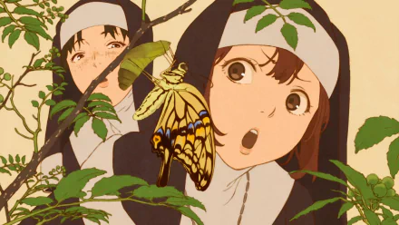 HD anime desktop wallpaper featuring two nuns from Fire Force observing a detailed yellow and black butterfly among green leaves.