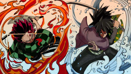 2K Quad HD PC wallpaper of Tanjiro Kamado performing Hinokami Kagura in flames opposite Giyuu Tomioka's water Breathing — Demon Slayer: Kimetsu no Yaiba anime.